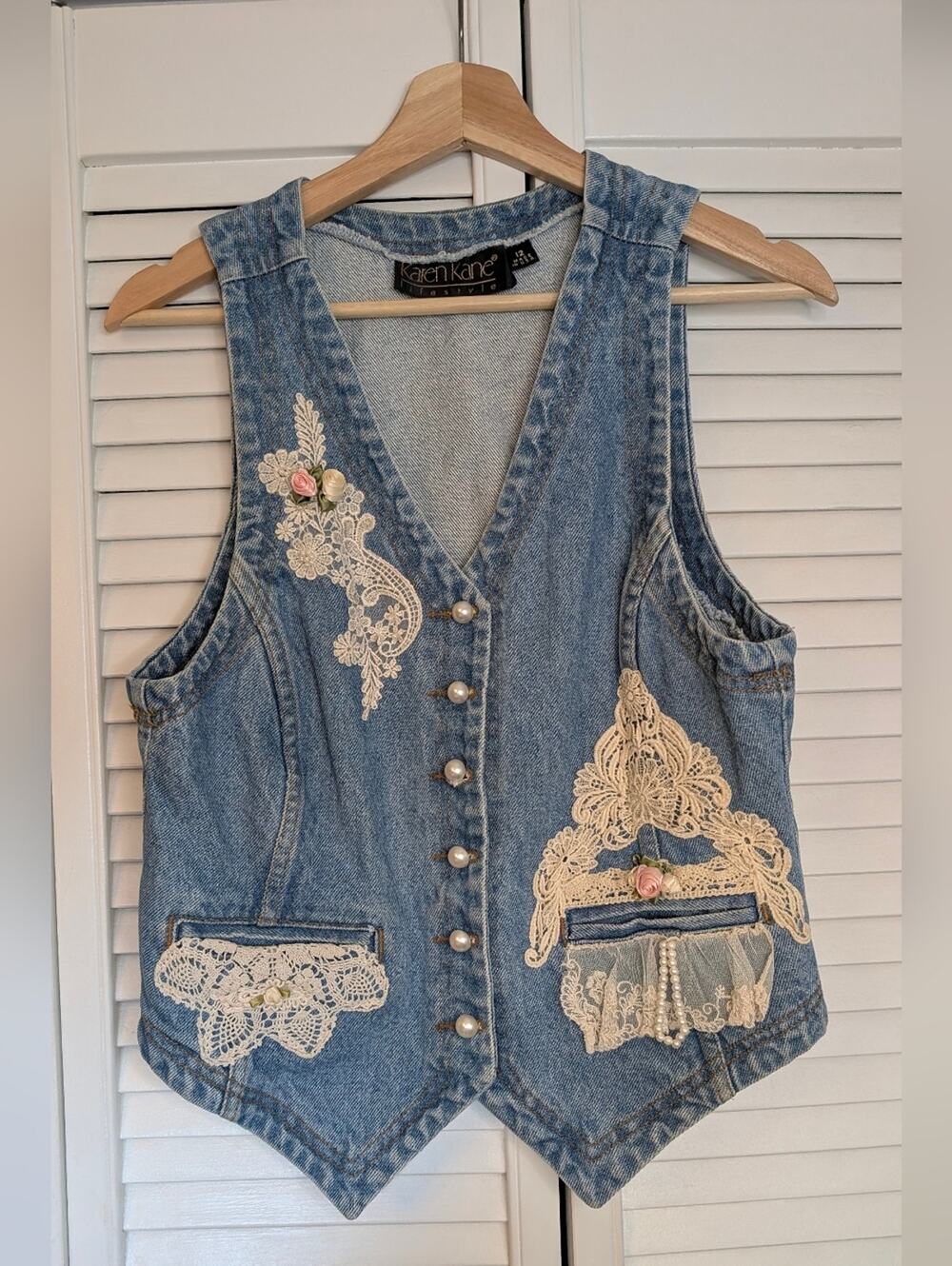 KAREN KANE Vintage Romantic Laced Beaded Embroidered Denim Vest Size 12
